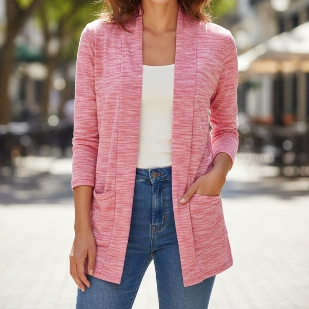 NY Collection Petite Pink Heather Cardigan Sweater SMALL 3/4 Sleeves NWOT